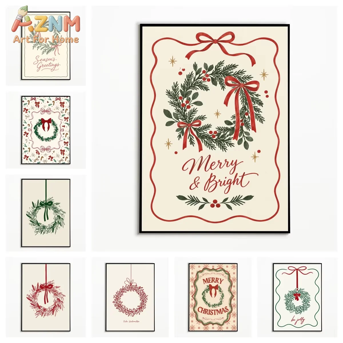 1PC Wall Art Christmas Wreath Posters Winter Canvas Painting Room Wall Decor Gallery Wall Prints Festival Gifts