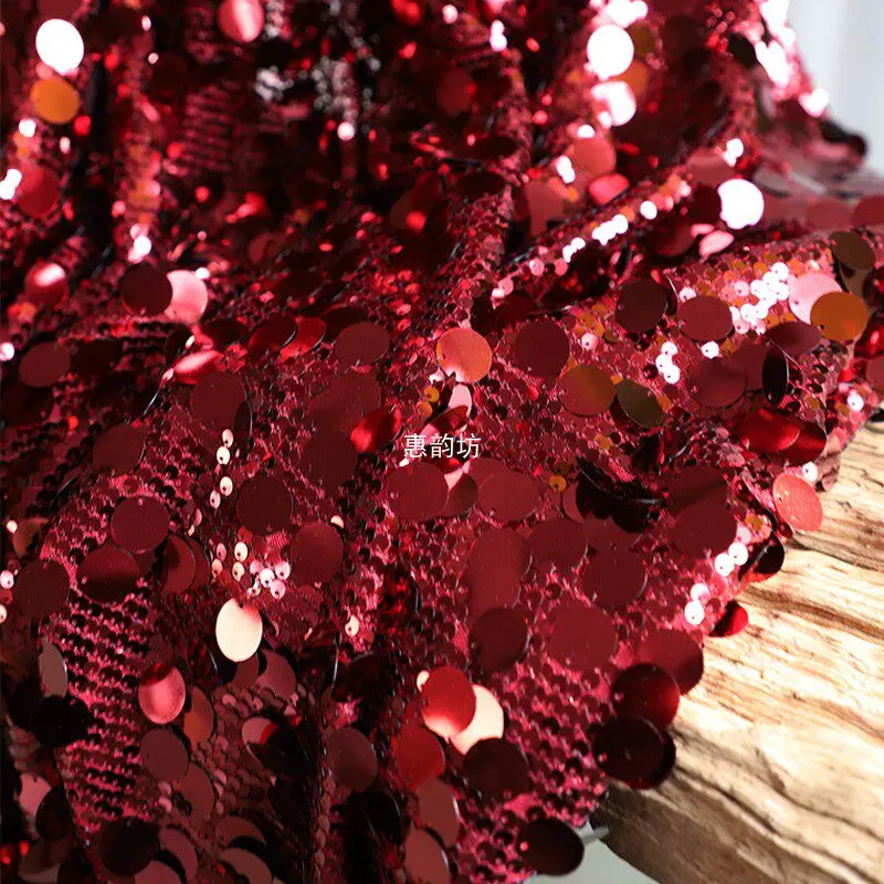Burgundy Sequin Fabric Dense Mermaid Scale Laser Tulle with Mixed Sequins for Evening Gown Wedding  Stage Backdrop Decoration