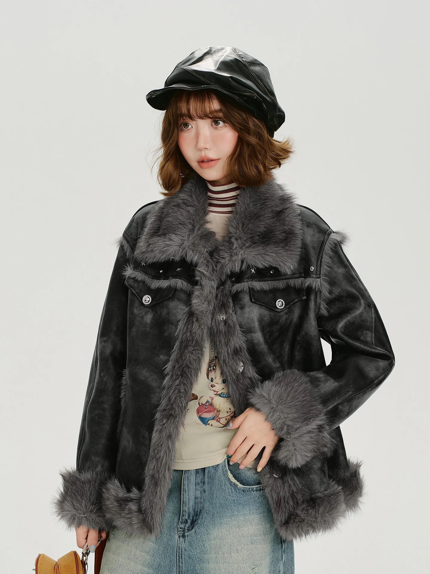 

Girly American Retro Waed adient Leather Fur Inteated Jaet Women Winter New Design Loose Top Casual Sle ort Coat