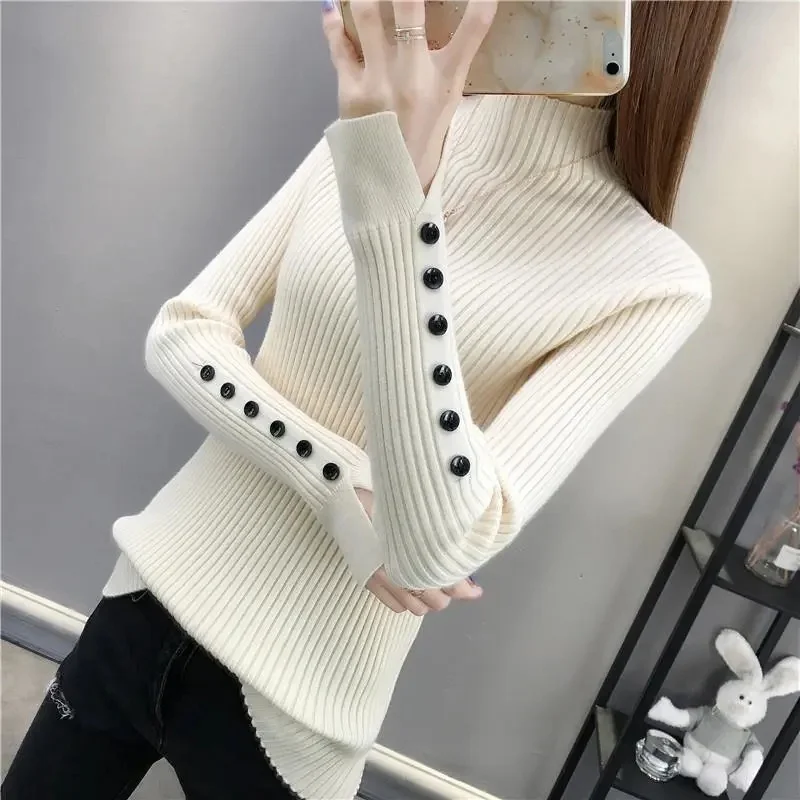 2023 novas mulheres manga longa gola alta outono vintage harajuku fino de malha de fundo coreano moda camisola feminina jumpers