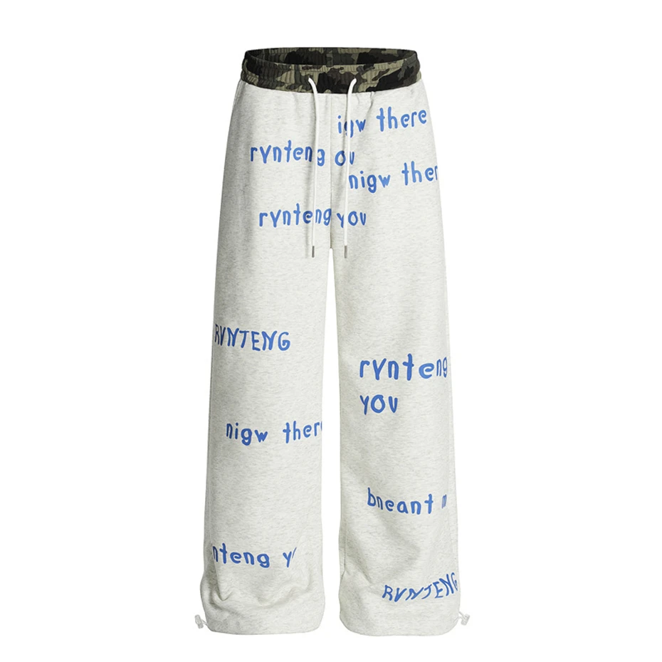 

Mens Camouflage Splicing Sweatpants Full Letter Print Casual Trousers Men Streetwear Hip Hop Baggy Casual Wide-leg Pants Male