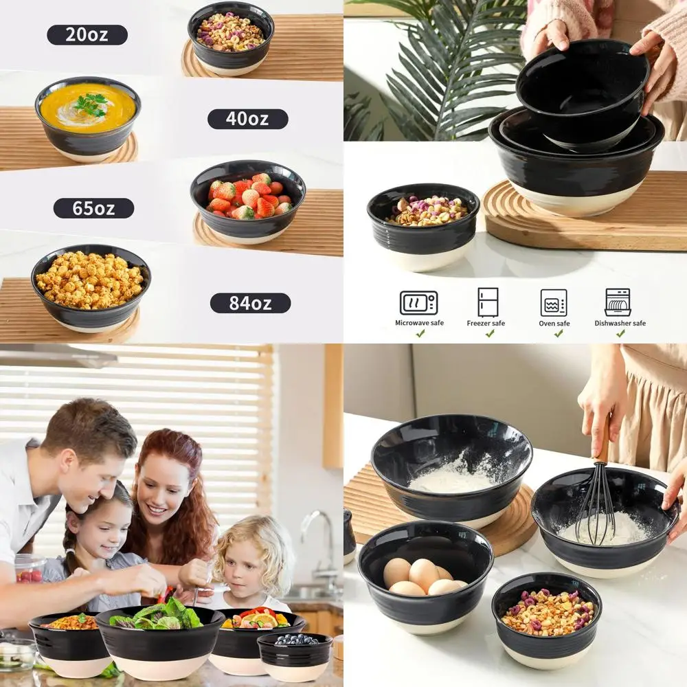 

Set of 4 Black Nesting Ceramic Mixing Bowls - 2.1/1.5/1.0/0.5 Qt Sizes for Kitchen, Salad, Cooking, Baking, Serving