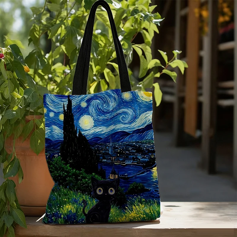 V-Van Gogh Serie Schultertasche, hohe Kapazität, umweltfreundlich, wiederverwendbar, für Damen und Herren, lässige Einkaufstasche, Kawaii-Handtasche mit Cartoon-Motiv. – Detail 5