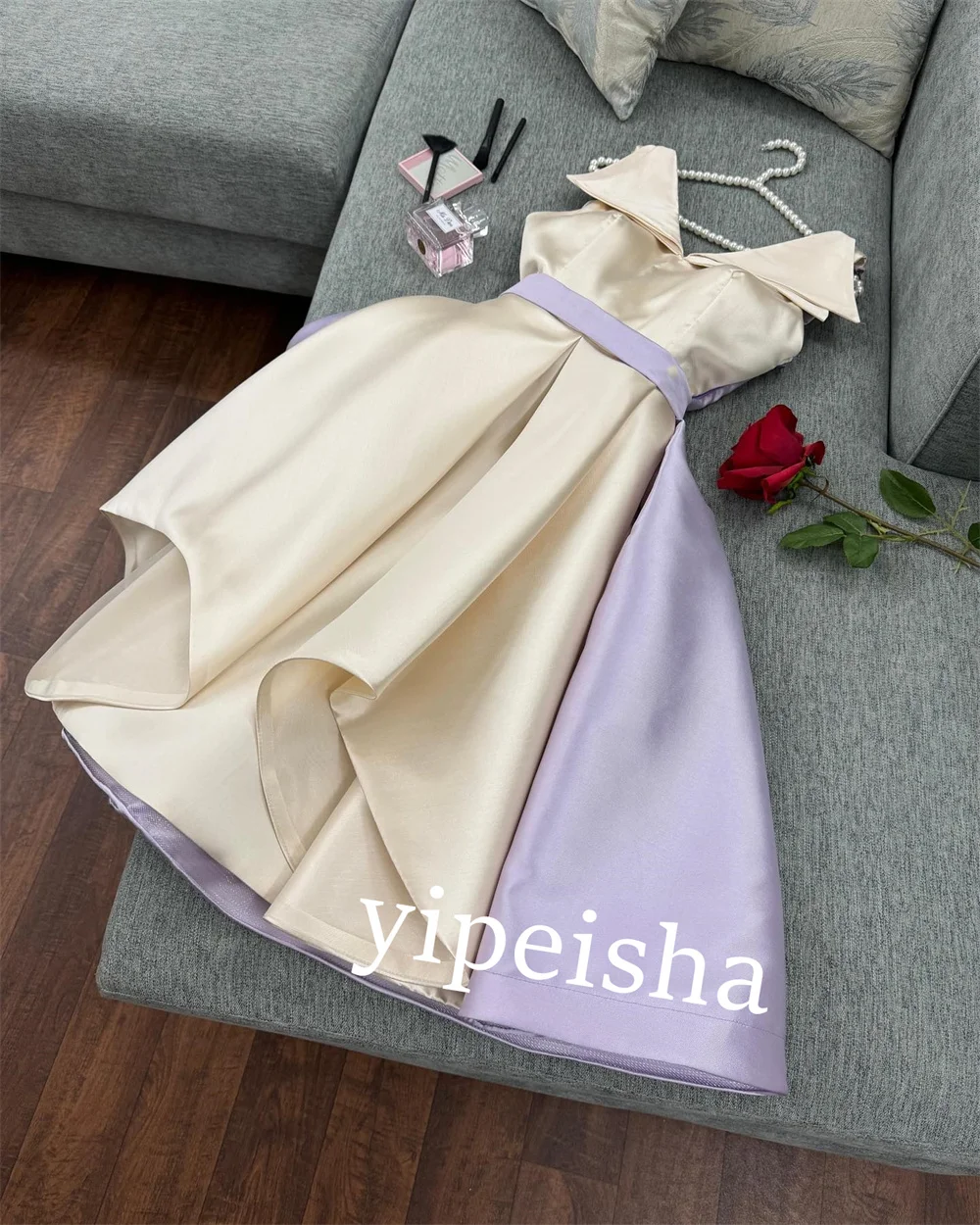 Customized Jersey Button Evening A-line Square Neck Bespoke Occasion Gown Knee Length Dresses