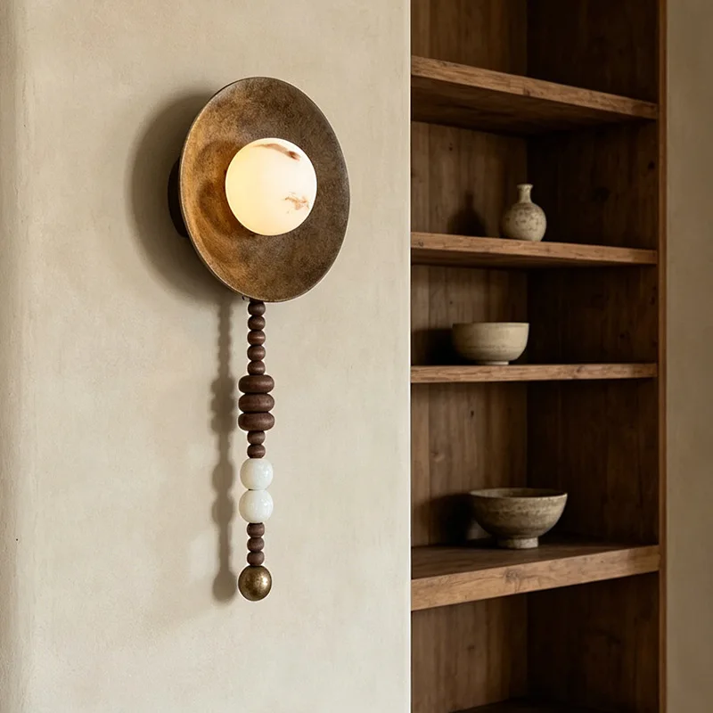 2026New American Retro Gold Round Wall Light Loft Handmade Long Sconce Personality Living Room Lobby Hotel Villa Wooden Lighting