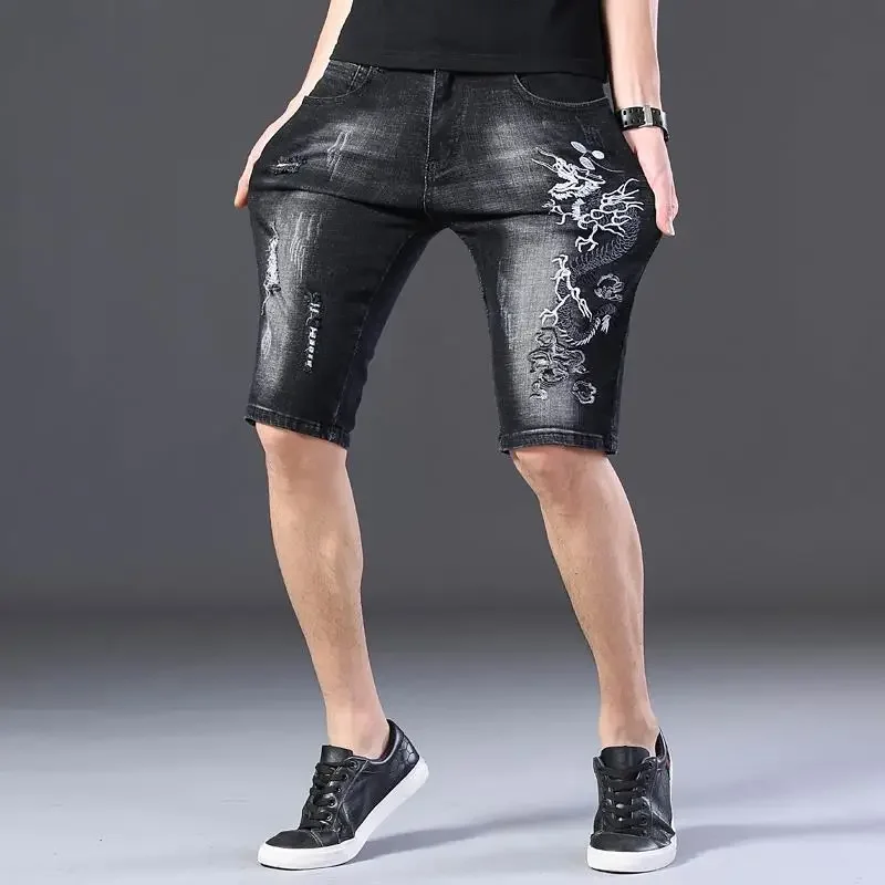 Men\'s Short Jeans Pants Bermuda Long Embroidery Male Denim Shorts Half Black Cowboy With Youthful Emo Rude Popular Trend 2024