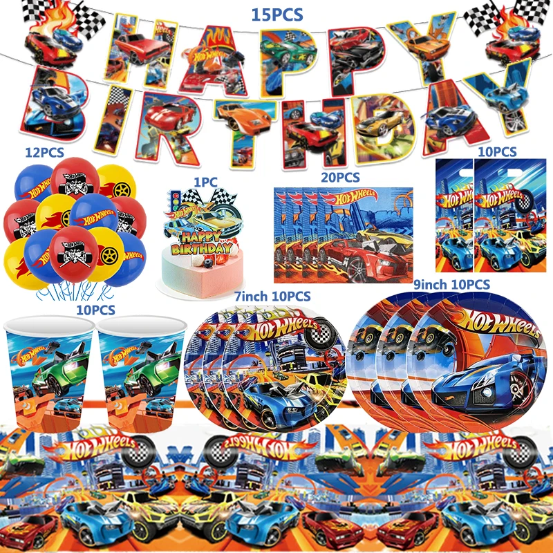 Hot Wheels Décoration de fête Voiture de course Fournitures d'anniversaire Tasse en papier Assiette Couverts Voitures Ballons Gâteau Drapeau Vortex Cadeaux pour enfants