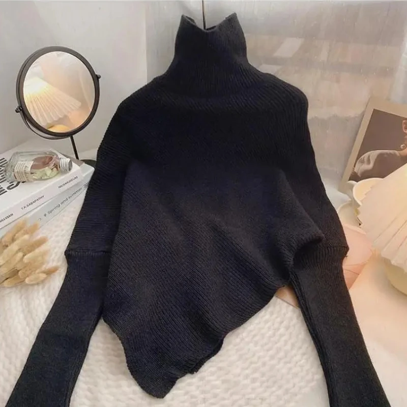 

New Autumn Winter Sweater Women Fashion Irregular Loose Knit Vintage High Neck Long Sleeve Female Pullovers Chic Tops