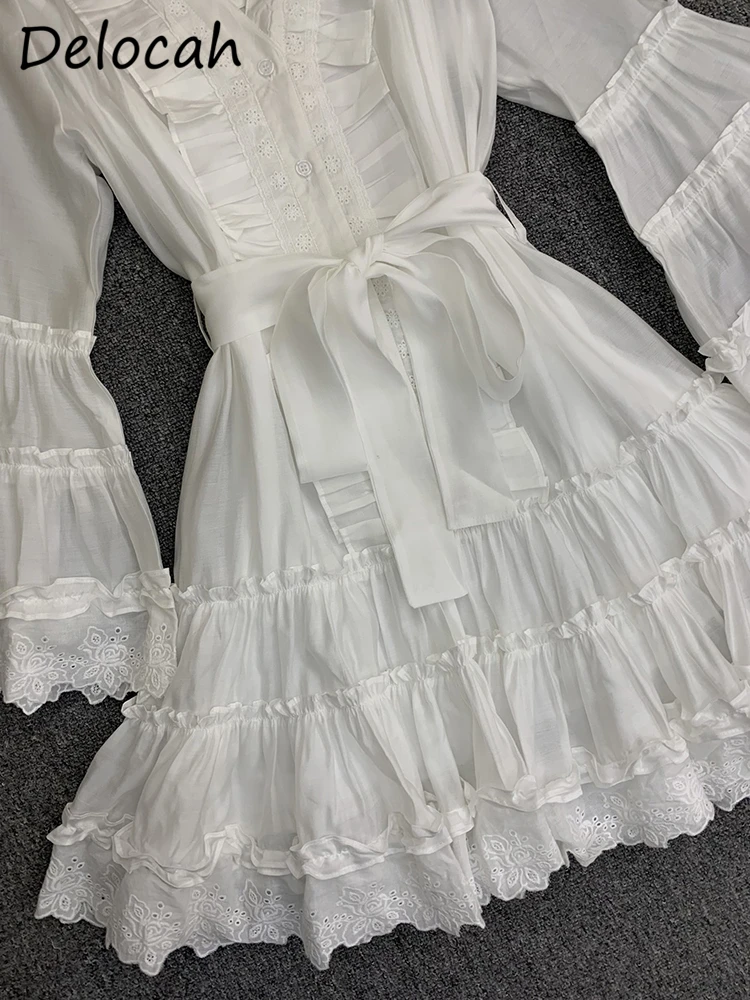 Imagem -04 - Delocah-vestido Flare Branco para Mulheres Manga Longa Babados com Cinto Bainha de Renda Vestidos Grandes Moda Estilista Alta Qualidade Verão