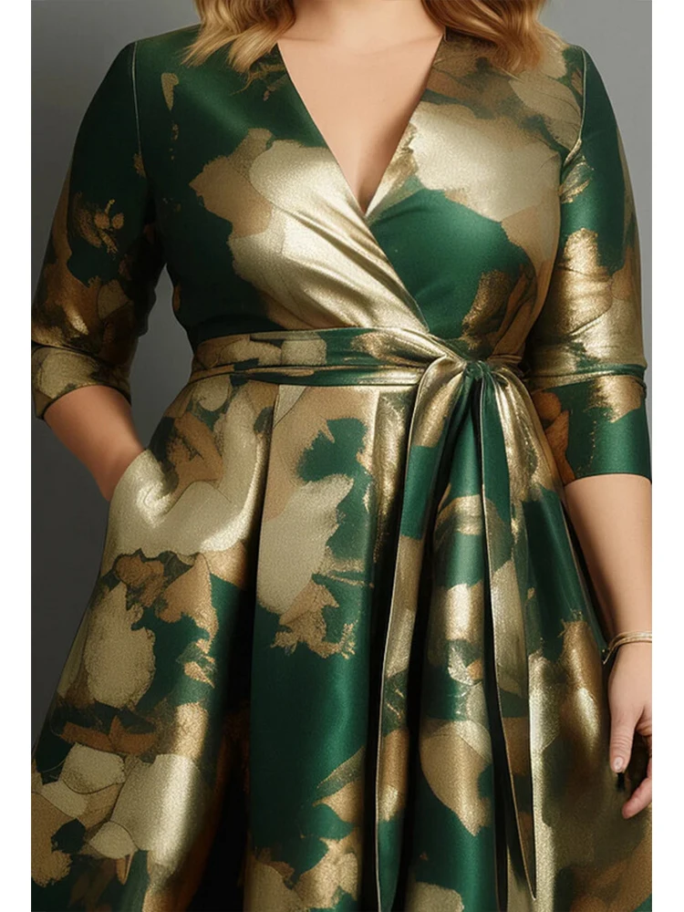 Floral Printed Satin Plus Size Dress for Women Sexy V-Neck Pleated A-Line Elegant Vintage Casual Half Sleeve Evening Midi Dress