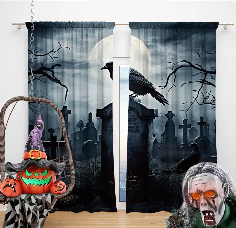 Gothic Creepy Graveyard and Haunted Tombstone Art Pattern Rod Pocket Window Curtains Dark Horror Home Decor