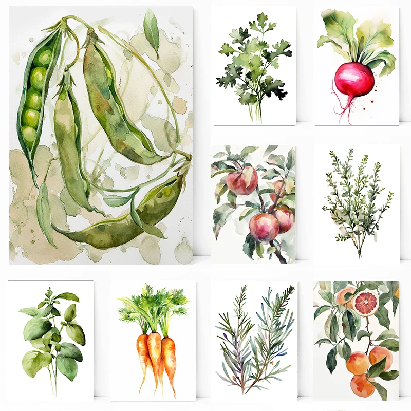 Póster de Frutas, Verduras y Especias, Tomillo, Zanahoria, Albahaca, Melocotón, Pintura en Lienzo, Arte de Pared, Cuadro para Sala de Estar, Cocina, Decoración del Hogar