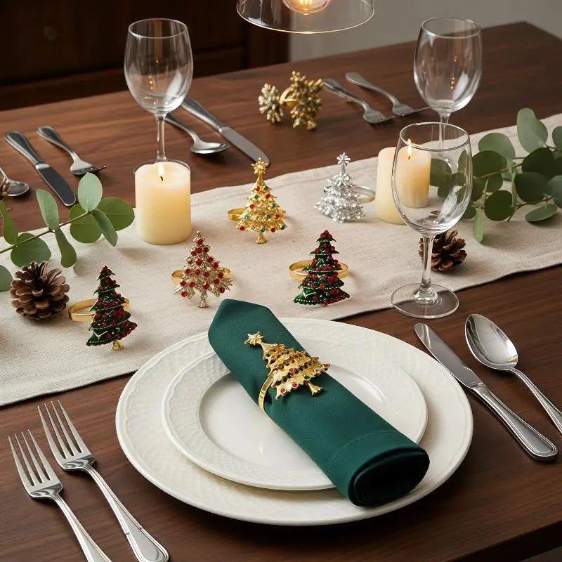 Christmas Wreath Napkin Rings Eco-Friendly Metal Xmas Napkin Holders 10Pcs for Wedding Christmas Eve Dinner Table Decor