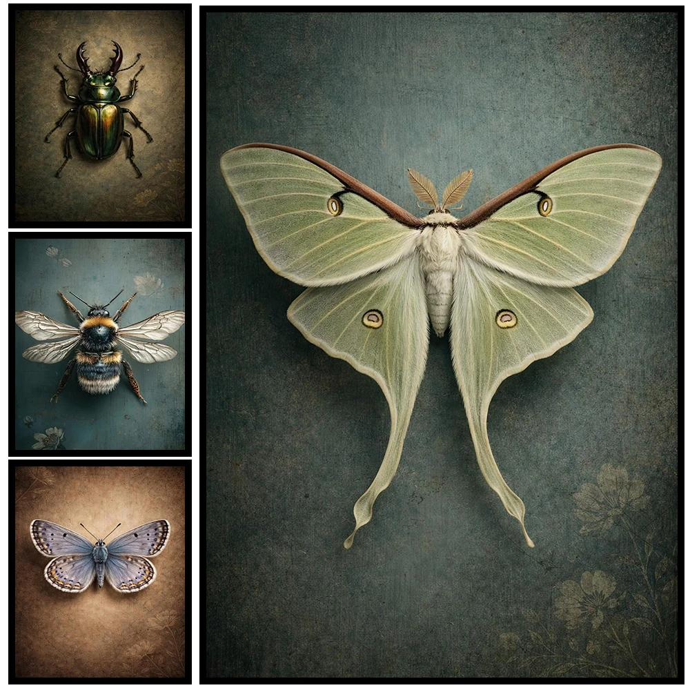 Antique Botanical Insect Canvas Wall Art Retro Vintage Bug Specimen Print Monarch Butterfly Luna Moth Dragonfly Poster Decor