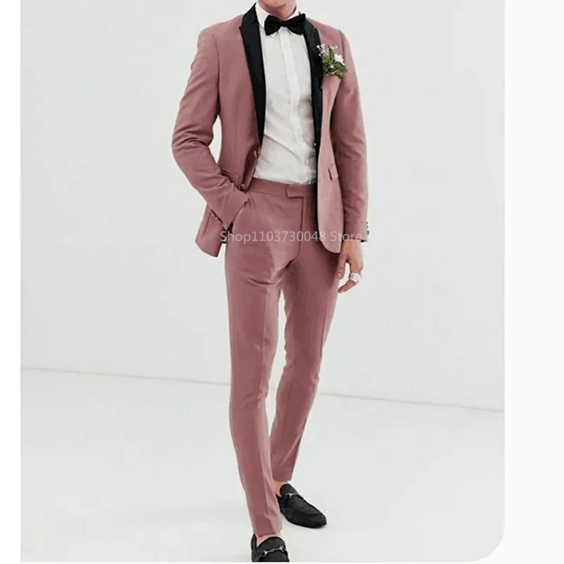 2 Piece Dusty Pink Wedding Suits for Men Black Shawl Lapel Groomsmen Tuxedo Costume Homme Prom Blazer Male Suits Blazer+Pants