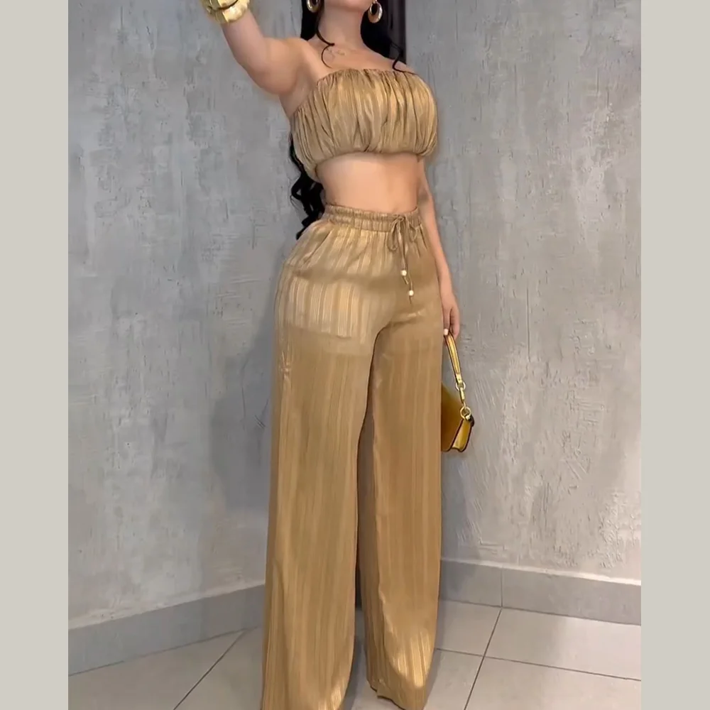 Ladies' Two-Piece Set Solid Color One-Shoulder Sexy Strapless Crop Top Wide Leg Pants  Smocked Bust Drawstring Waist Chic Outfit