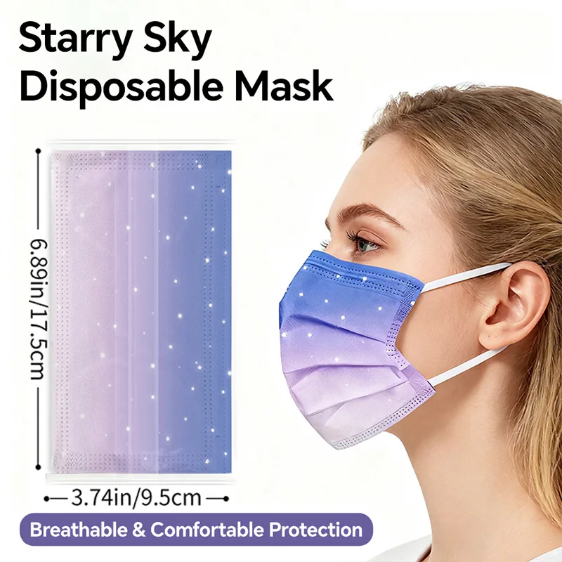 Stylish Disposable Face Mask Adults Dreamy Starry Bluish Violet Individuation Fashion Mask Breathable 3-Layer Non-Woven Holiday