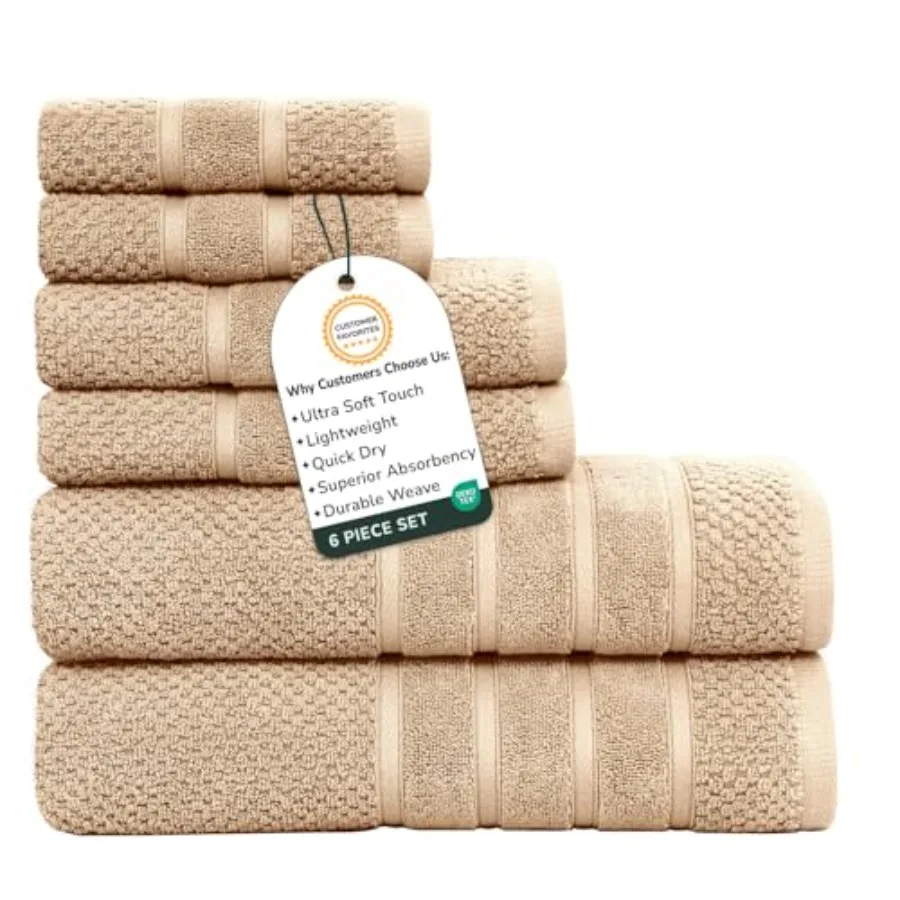 Juego de Toallas de Baño Feather and Stitch 100% Algodón 625 GSM, Ultra Suaves y Altamente Absorbentes, 2 Toallas de Baño, 2 Toallas de Mano y 2 Toallitas