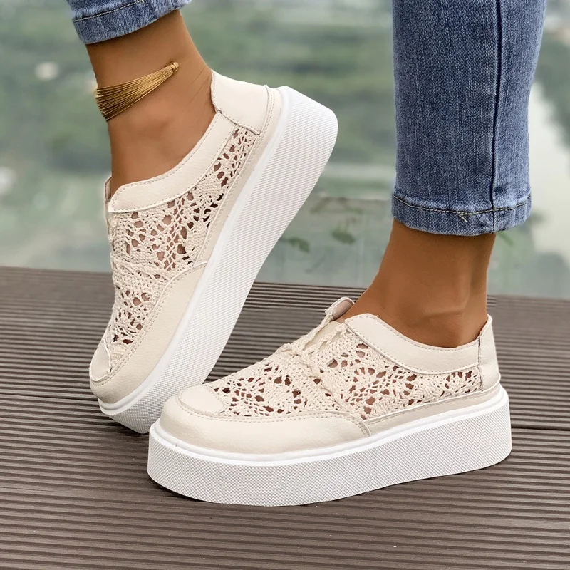 New Spring and Autumn Casual Hollow Breathable Comfortable Sports Shoes Fashionable Round Toe Elevated Flat Shoes for Women