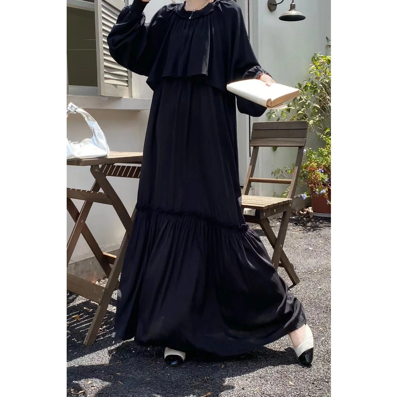 Anti-aging lange pure kleur Dr losse faionable houten kraag afslankende A-lijn jurk damesachtige Sle Lantern Sve