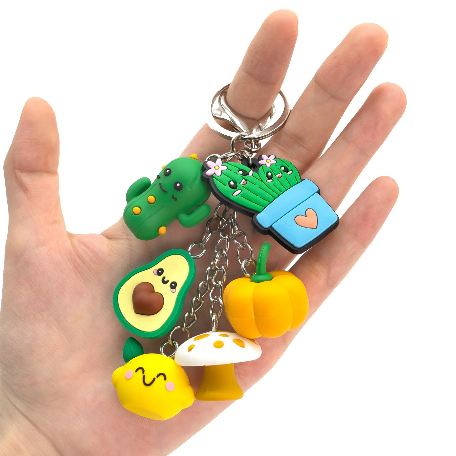Kawaii 3D Soft Silicone Keychain Strings PVC Succulent Avocado Pumpkin Lemon Charms Backpack Car Decor Keyring Pendant for Kids