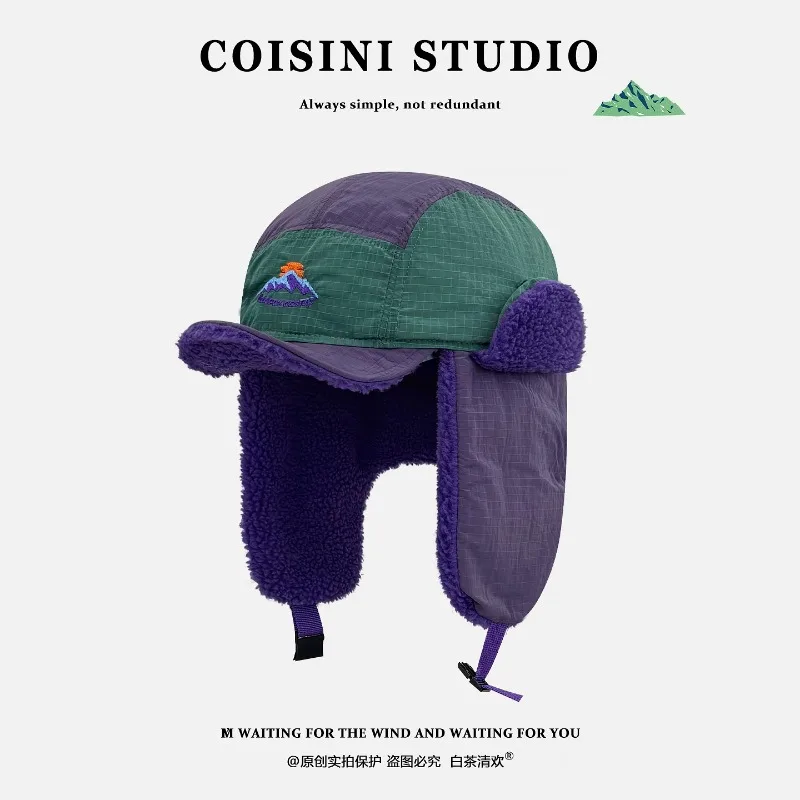Korean Fashion Contrast Pilot Caps for Men and Women Winter Outdoors Riding Warm Ear Protection Versatile Thicken Bomber Hats