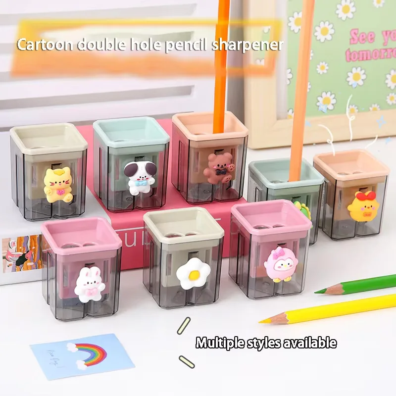 Ручная точилка для карандашей с милым мультяшным рисунком, детская точилка для карандашей с двойным отверстием, каваи, канцелярские принадлежности, школьные принадлежности