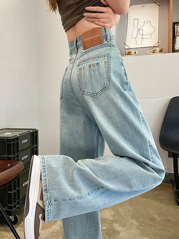 

Светло-голубые джинсы с вышивкой, с высокой талией, широкими штанинами, женские, весна-осень, больших размеров, прямого кроя, модные, повседневные.