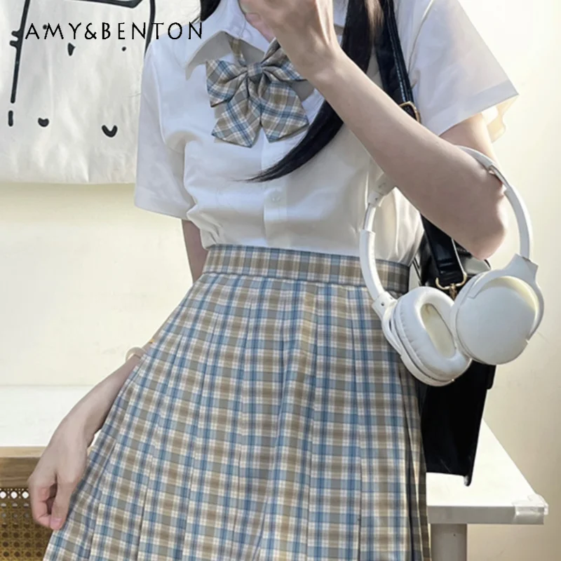 

2024 New Japanese Style JK Uniform Matching Brown Blue Color Matching Waist Slimming Versatile Basic Pleated Skirt For Female