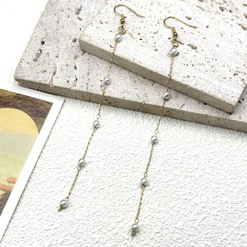 

Gold Plated Stainless Steel White Imitation Pearl Beads Long Tassel Earrings Jewelry Fashion Chain Dangle Earrings For Women