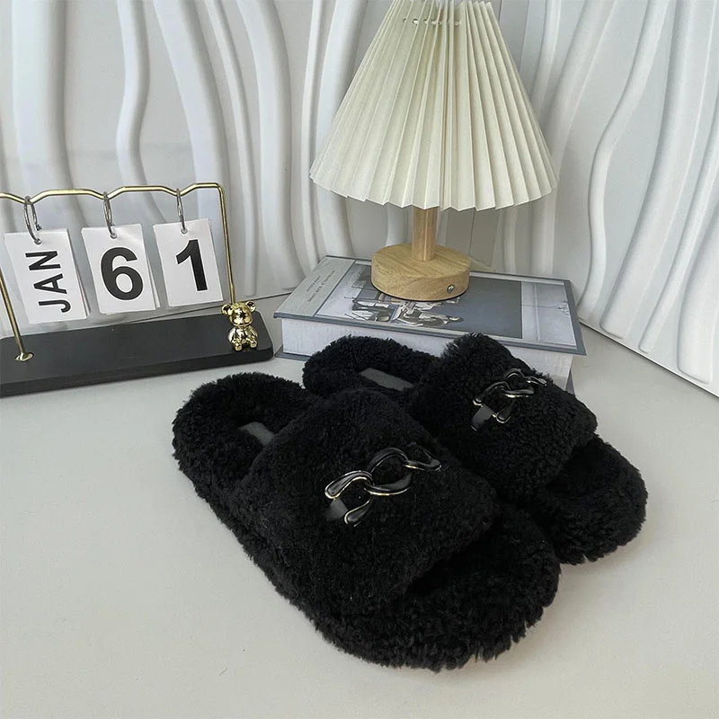 Women's New Casual Fur Slippers European Station Fashion Plush Flat Shoes Indoor Home Soft Sole Cotton Slippers