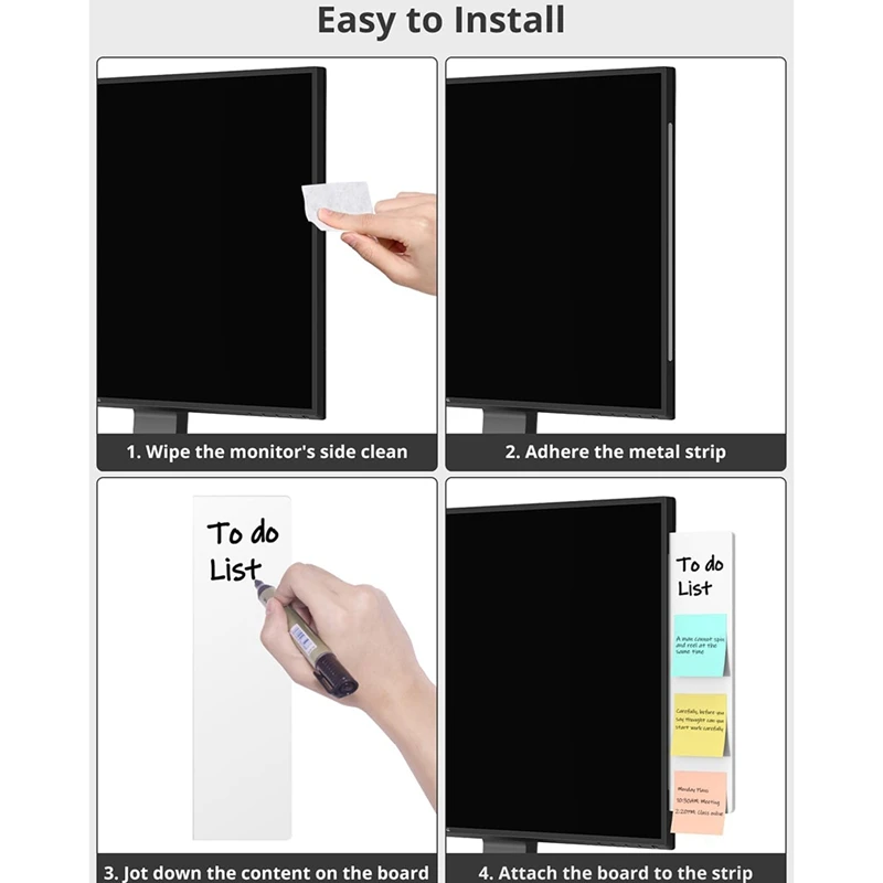 2 Pack Monitor Memo Whiteboard, Magnetic Sticky Note Holder Dry Erase Board For Computer With Self-Adhesive Metal Strips