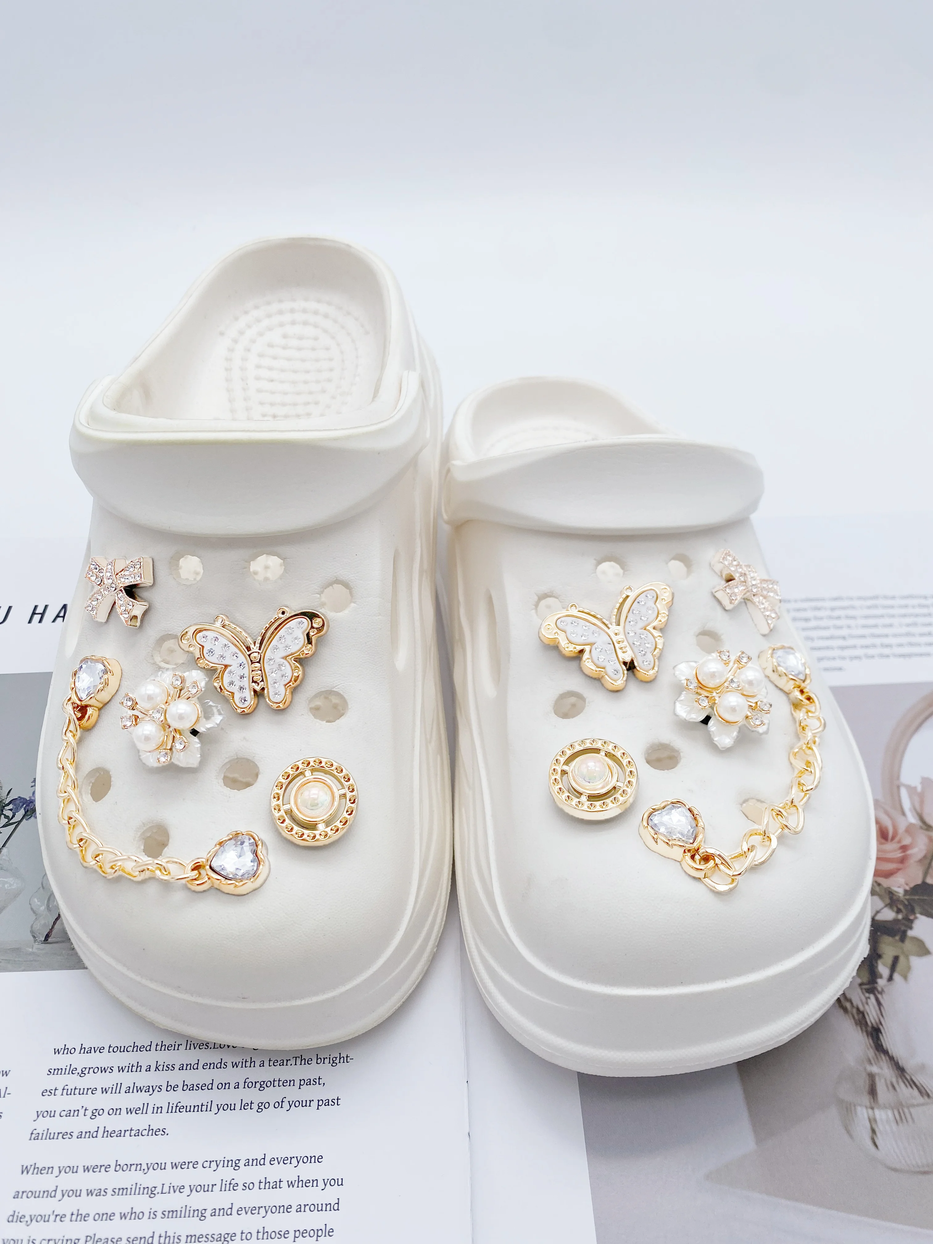 10 diy corrente dourada, decorações de fivela de sapato de flor, borboleta e arco, acessórios de clipe de sapato multifuncional para sanda feminino