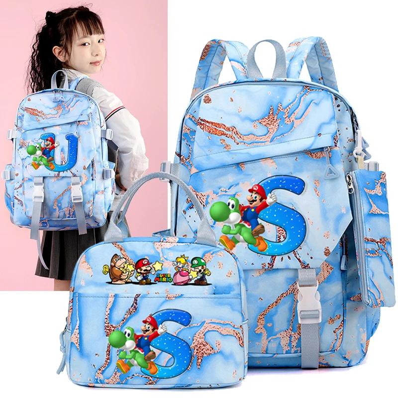 

3pcs Super Mario Bro Schoolbag Pencil Case Lunch Bag for Students Cartoon Letter A-Z Printed Backpack Fashion School Supplies