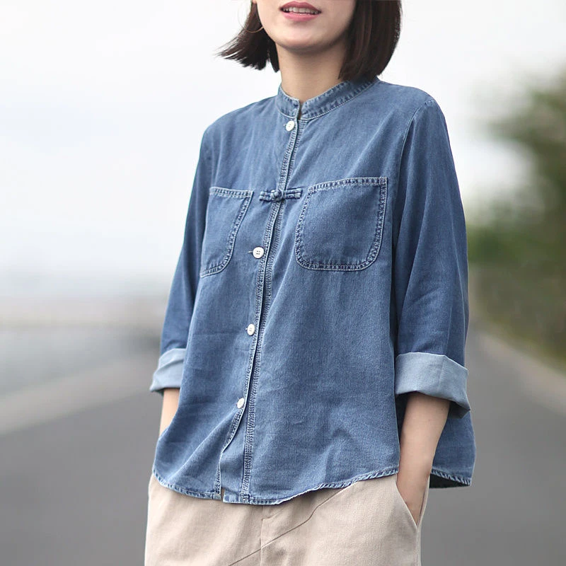 

2022 Spring New Arts Style Women Long Sleeve Single Breasted Vintage Blue Cotton Denim Shirts Double Pocket Casual blouse C437