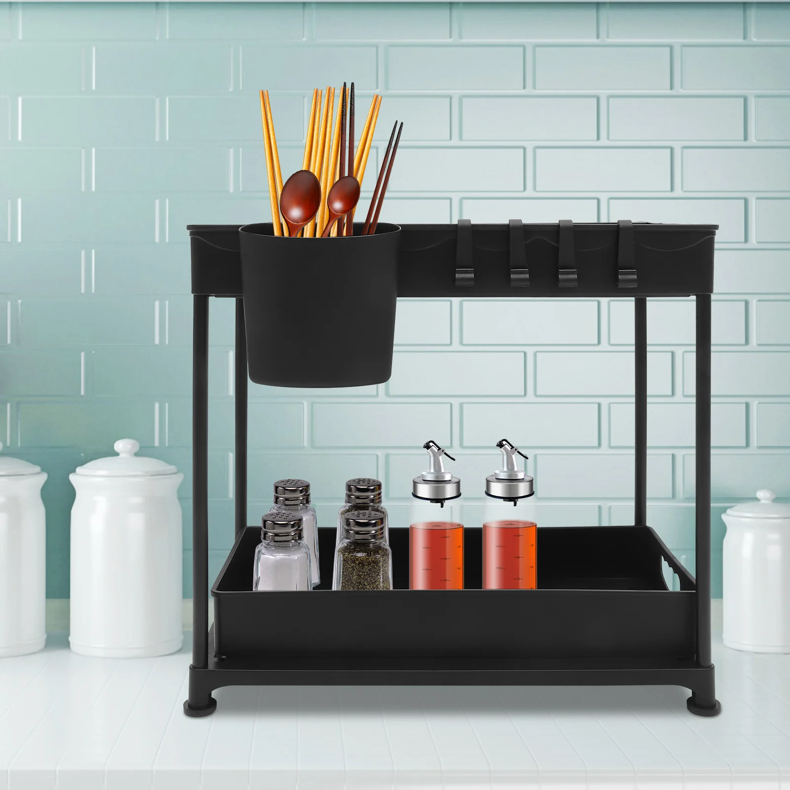 

2 Tier Pull Out Sink Organizer Storage Rack Retractable Shelf for Kitchen Countertop Cabinet Under Sink Drawer Large