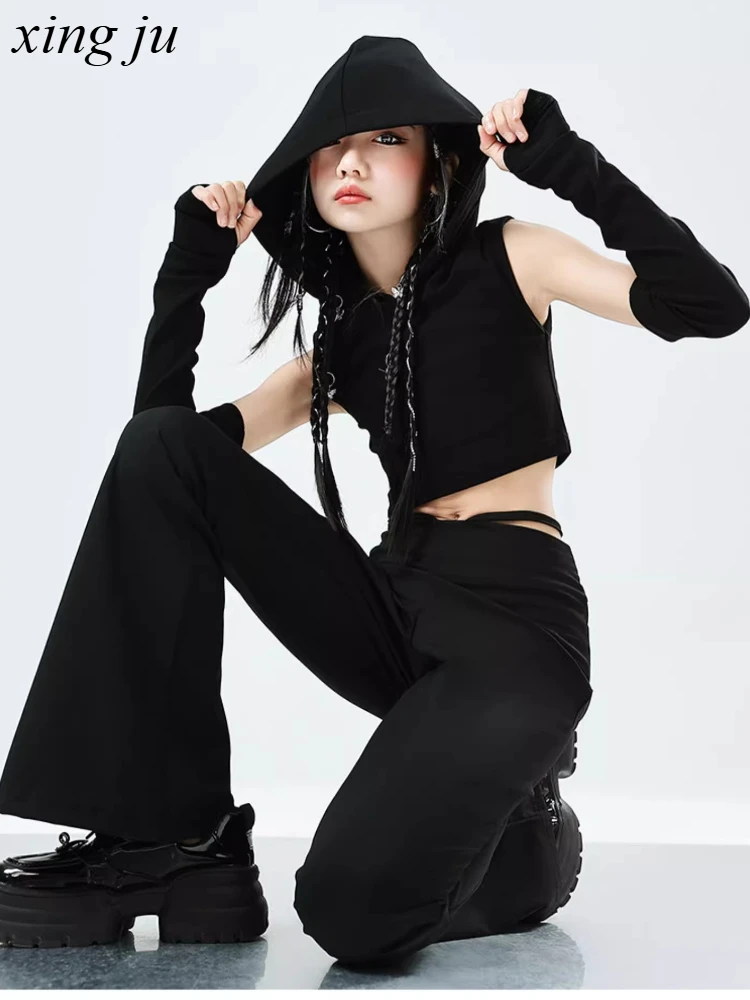 Girl Black Tight Flared Trousers Jazz Costume Children Street Dance Hip Hop Hooded Short Vest Kids Stage Performance Show Sets
