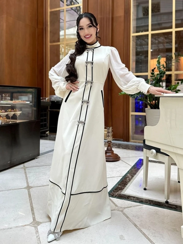 

Elegant Panelled Slim Women's Maxi Dress O-neck Lantern Long Sleeve Waist Cinching Bow Evening Dresses Chic Ladies Beachwear New