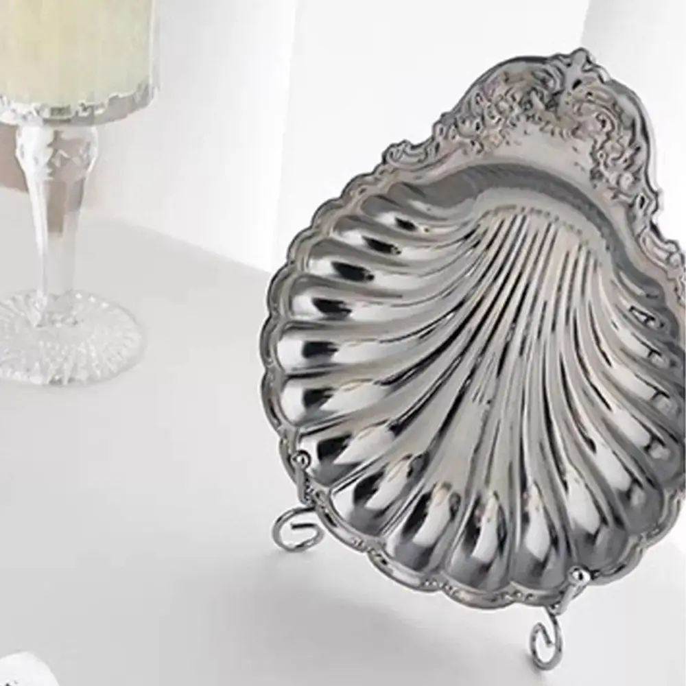 Vintage Dessert Plate Shell Shape Silver Color Embossed Food Tray Decorative Embossed Details Shell Shaped Dish Photo Props