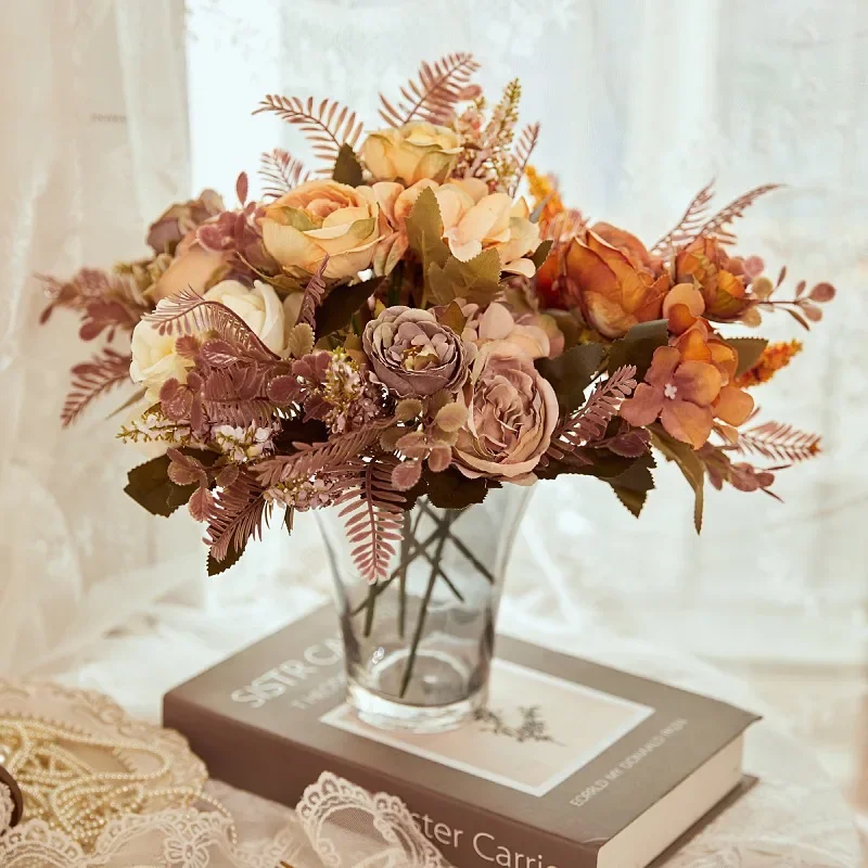 Autumn Artificial Peony Flowers Bride Silk Rose Bouquet DIY Wedding Home Garden Decoration Accessories Fall Hydrangea Fake Plant