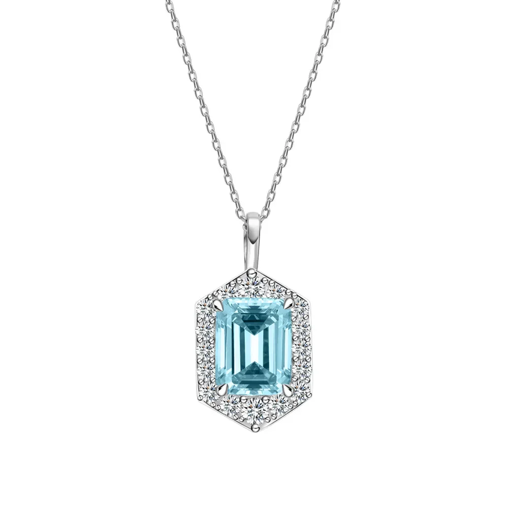 New Models Diamond Set Sea Blue Treasure Necklace for Women 925 Pure Silver 7 * 9mm High Carbon Diamond