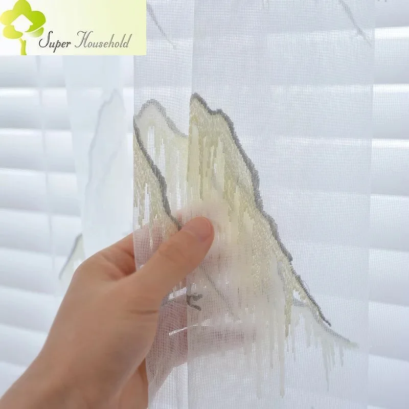 Chinese Style Landscape Painting Embroidered Velvet Lace Tulle Curtains for Window Living Room Bedroom White Sheer Gauze