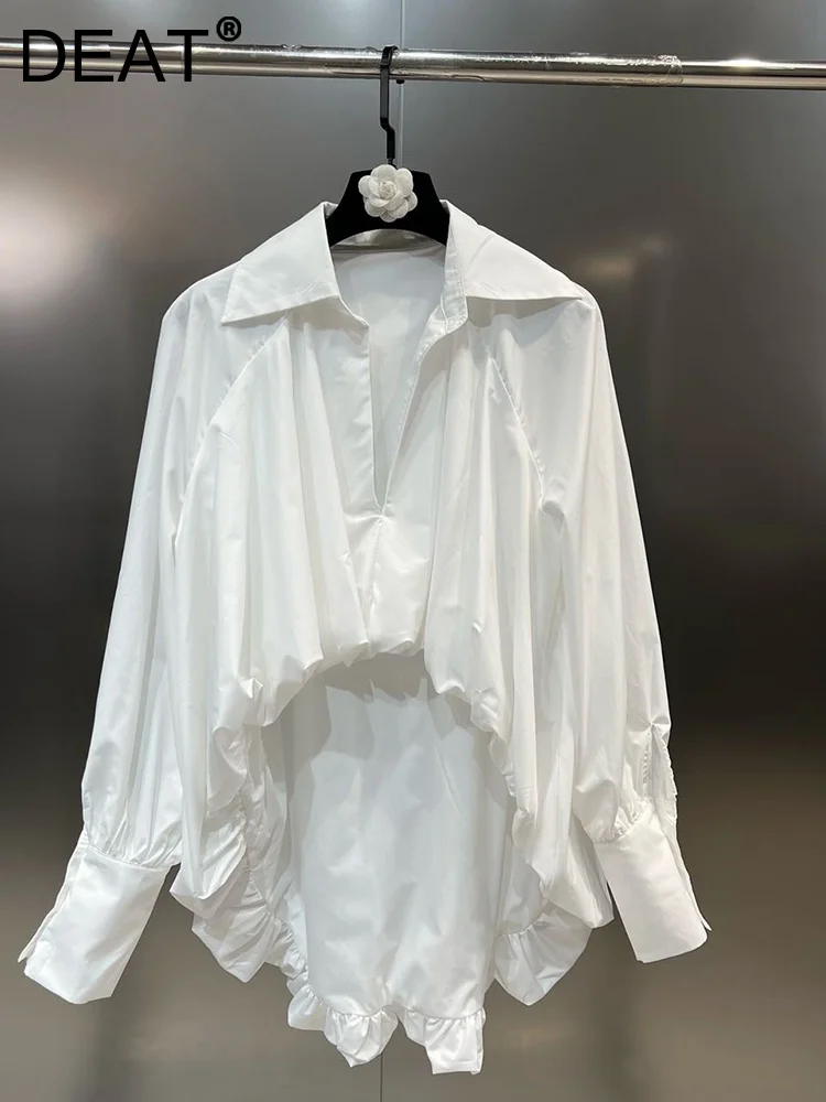 DEAT Puffy Designer Shirts Lapel Bat Long Sleeve Short Front Long Back Elastic Loose Shirt 2023 Autumn New Female 11X1053