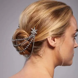 Fashion Crystal Star Tassle Combs for Women Bridal Jewelry Charming Rhinestone Hair Accessories Headpieces Chain Wedding Gifts