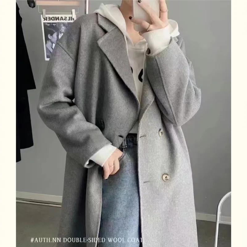 Autumn and Winter Tweed Coat Women Korean Fashion Luxury Solid Color Loose Oversized Double-breasted Long Jackets for Women