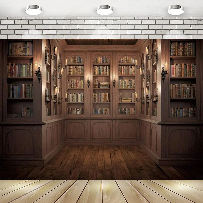 Wood Bookshelf Indoor Bookcase School Library Study Room Happy Birthday Party Photography Backdrop Background Banner Decoration