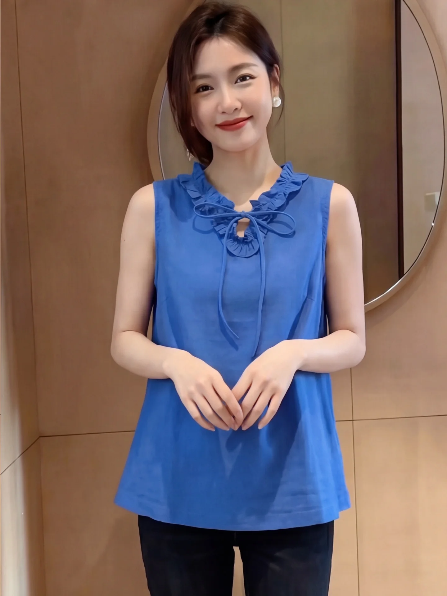 

Blue Bow Tie Sleeveless Loose Shirt Women Summer Original Design Slimming Vest Top Elastic Waist V Neck Cotton Blend Blouse
