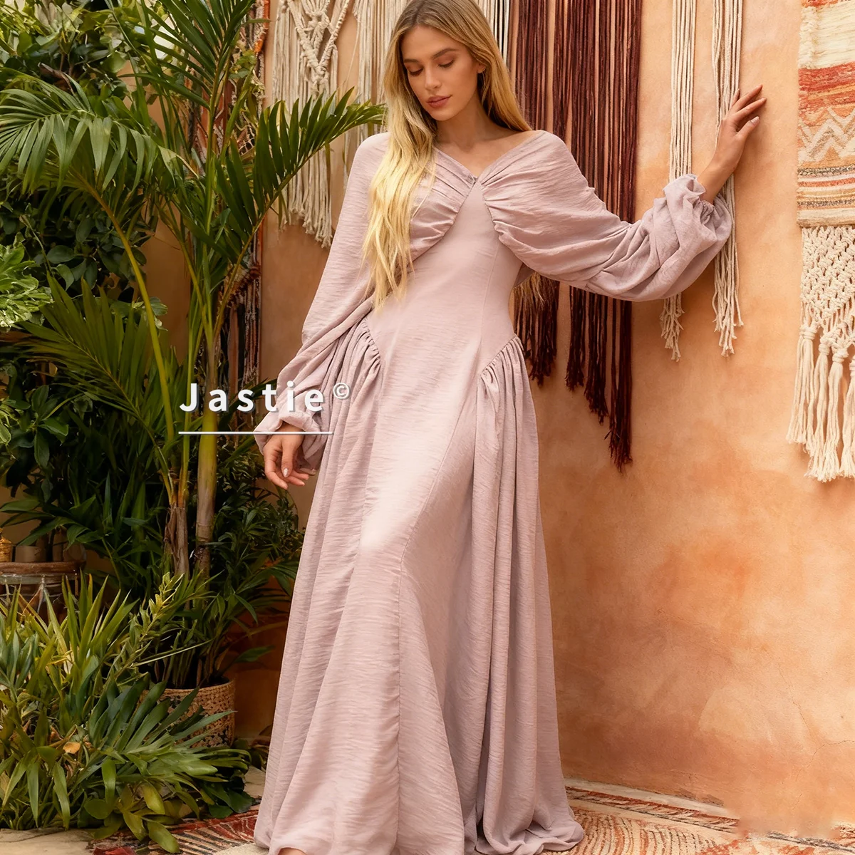 

2026 праздничное модное розовое свободное женское платье с v-образным вырезом и длинными рукавами, пляжные платья, весеннее повседневное плиссированное платье макси, женские платья