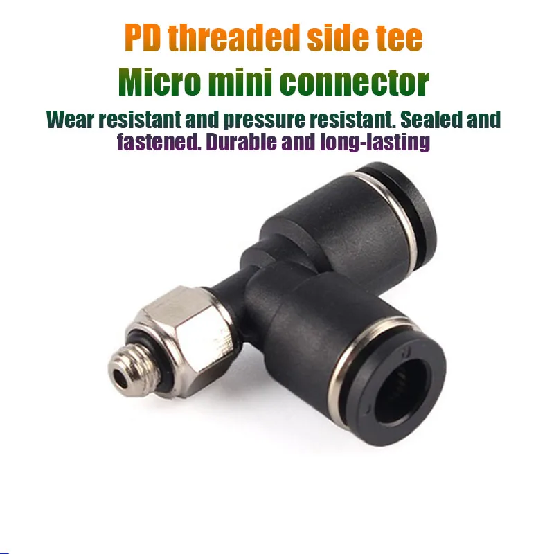 Mini conector rápido pneumático, PD Lado roscado tipo T, 3 vias, M3, M5, M6 a 3, 4, 5, 6mm, Micro tubo de ar