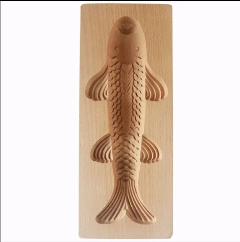 Solid Wood Koi Fish Mold 3D Carving Non-toxic Reusable Festival DIY Steamed Bun & Rice Cake Mould